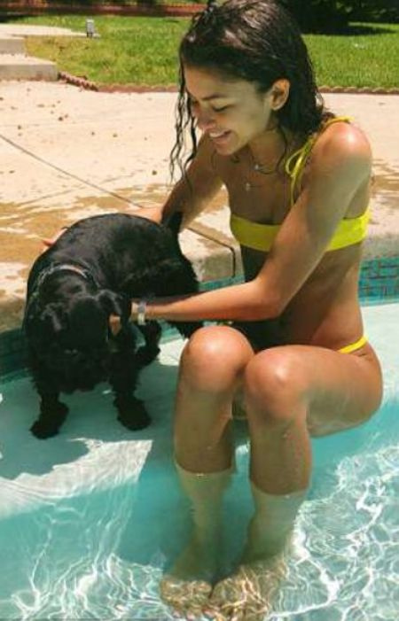   Zendaya sitzt mit ihrem Hund am Pool